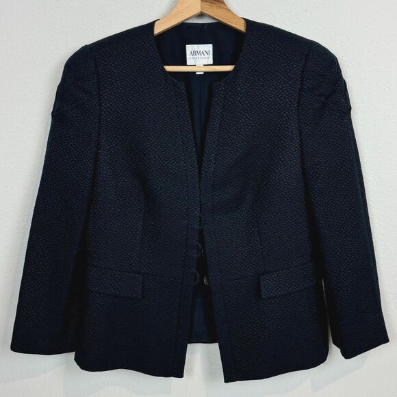 Armani Collezioni VTG Embossed Black Wool Silk Tailored Blazer 8 90s - Picture 1 of 10